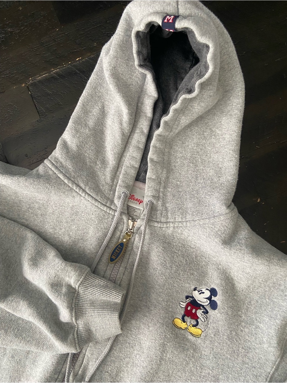 Disney Gray Hooded Zip-Up Jacket with Embroidered Mickey Mouse